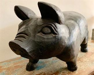 "Some Pig" hand shaped glazed wood pig