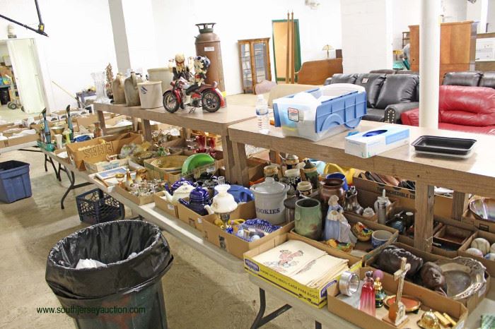 HUGE selection of collectibles, designer, decorator, glassware, porcelain, cast iron, wood, antique, vintage, new, tables loaded with box lots filled to the BRIM!