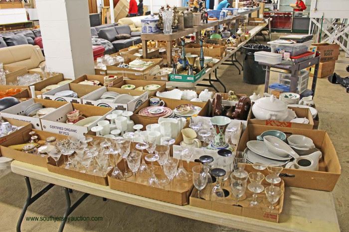 HUGE selection of collectibles, designer, decorator, glassware, porcelain, cast iron, wood, antique, vintage, new, tables loaded with box lots filled to the BRIM!