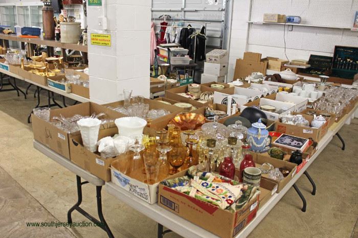HUGE selection of collectibles, designer, decorator, glassware, porcelain, cast iron, wood, antique, vintage, new, tables loaded with box lots filled to the BRIM!