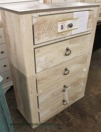 NEW Contemporary White Washed 5 Drawer High Chest – Located Inside – Auction Estimate $100-$300