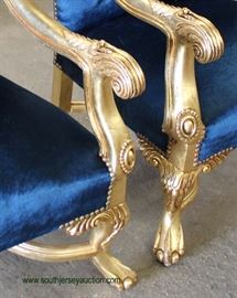 PAIR of French Style Blue Upholstered Button Tufted Gold Painted Carved Frame Arm Chairs
Located Inside – Auction Estimate $200-$400