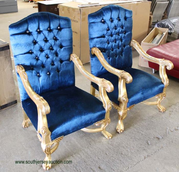 PAIR of French Style Blue Upholstered Button Tufted Gold Painted Carved Frame Arm Chairs
Located Inside – Auction Estimate $200-$400