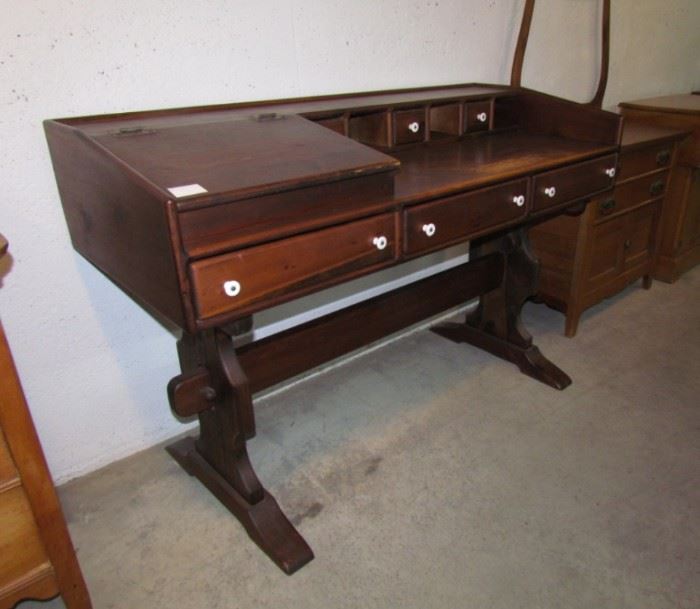 Pedestal desk in pine, with document case and multiple drawers