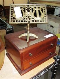 Small mahogany desk box, under miniature brass music stand