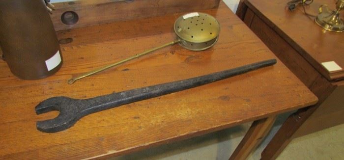 Large spanner wrench, heavy iron, and brass bed warmer
