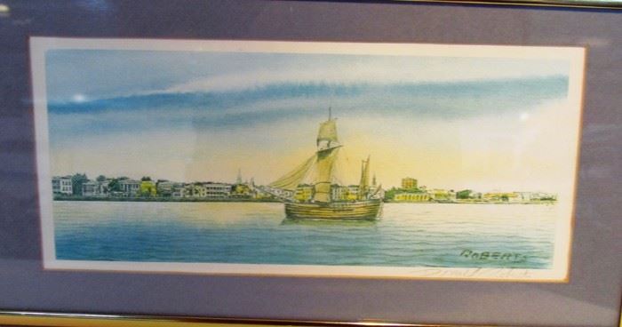 4" x 9" signed print by Donald Roberts, of a ship in Charleston harbor.