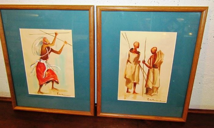 Pair, African watercolors, signed R. Van Meerbeeck, 10 x 7, each
