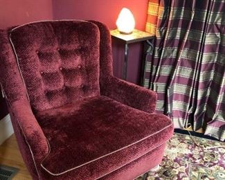 We have a pair of these beauties featuring burgundy upholstery, bun feet and button back.