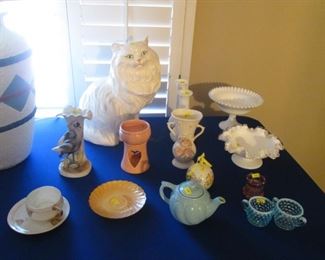 Hob Nail Milk Glass Vases (2), Footed Bowl, Fluted Bowl, and 2 Blue Hob Nail Pieces and a "Watchful Cat".