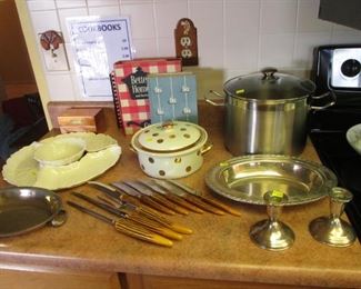 Lazy Susan, Steak Knives, Cookbooks, Halls Kitchenware Covered Casserole, Candlesticks & Tray