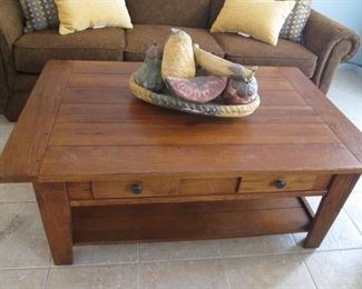 Coffee Table, Rustic Style by Broyhill, 50" X 32". Ceramic Fruit in Bowl
