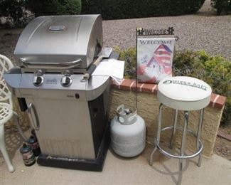Grill, Commercial Infrared by Char-Broil, Propane Tank  and Vintage-Style Stool