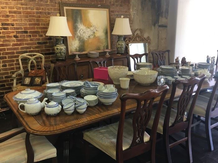 Beautiful Baker Mahogany Table, seats 10.  Has matching set of 10 chairs - 8 side and 2 arm.  Also pictured Baker Buffet
