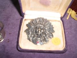 large Native American  chief sterling brooch