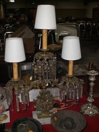 brass and marble candlebra lamp with cut crystal prisms