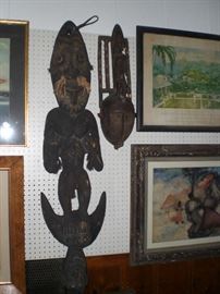 Bamana west Africa mask with shells, Papau New Guinea 4' carved wood hook figure