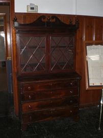 Federal flame mahogany fold top desk with diamond glazed boor bookcase c.1800