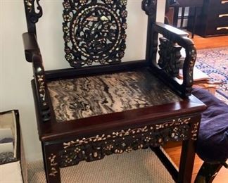 Vintage carved Chinese chair inlaid with Mother of Pearl & marble seat