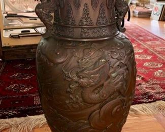 Monumental antique Chinese bronze floor vase with Dragons 