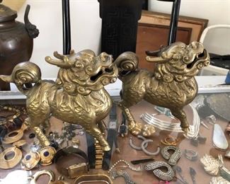 Pair antique bronze or brass Foo Dogs 