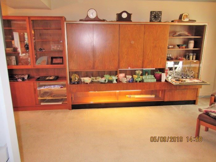Vintage Rosewood wall Unit, with lighting and a Bar area, 118x73x18 appx dimensions/also a china cabinet by Svengard to the left which matches one of the  dining tables