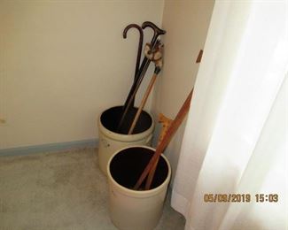 CROCKS, JUG AND WALKING STICKS