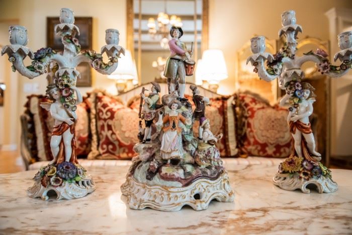Antique Porcelain Candelabra w/ Figures & Centerpiece