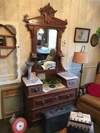 Vintage commercial fire alarm, Walnut and marble washstand, glass washboard