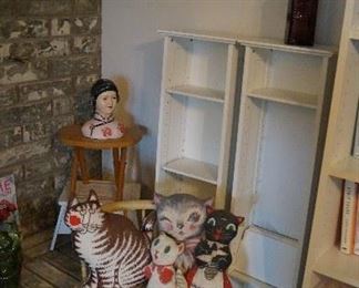 old pillow dolls, chair, display case, 