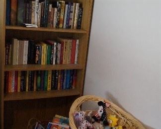 bookcase, books, childrens' books, stuffed animals