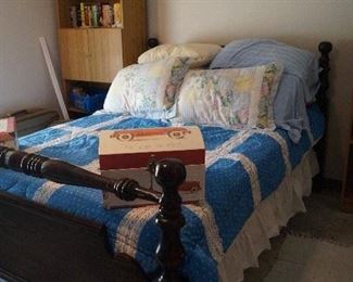 bed, quilt, storage boxes