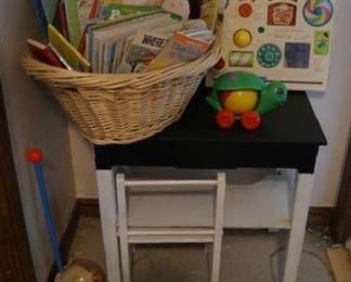 kids books, coloring books, toys, child desk, chair