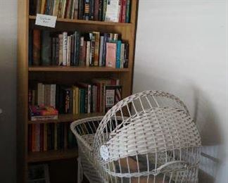bassinet, bookcase, books, latchhook kits