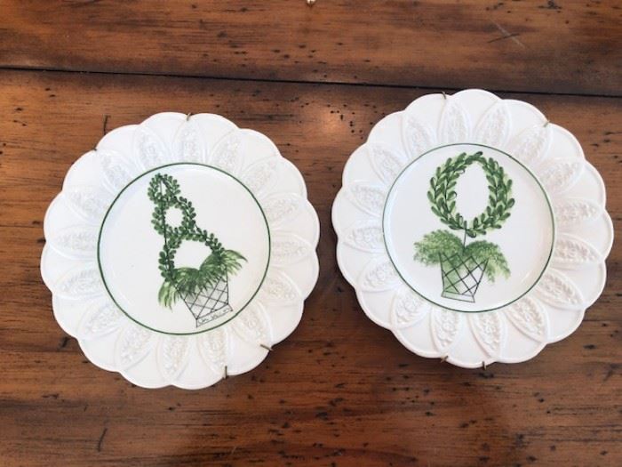 white and green topiary plates