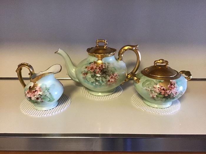Antique tea pot, creamer & sugar