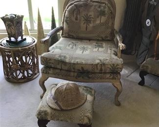 French Style Arm Chair with small stool. Palm tree upholstery, stool sold seperately