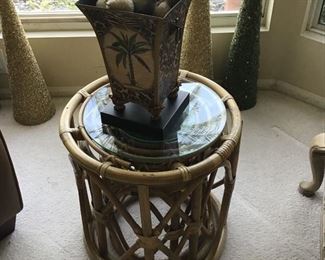 Set of nesting bamboo table (3) Metal vase with palm tree design, rws of decorative cones