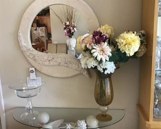 Side/ sofa/ or entry way table 1/2 circle glass top-light base, circular mirror, artifical floral arrangement