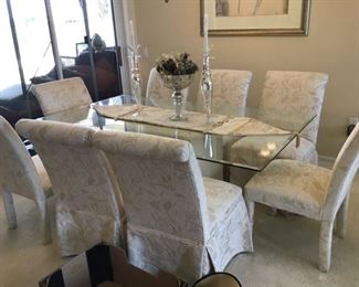 Glass Top Rectangle Dining Table  with 4 slipcovered dining chairs & 4 Parsons chairs all in same fabric