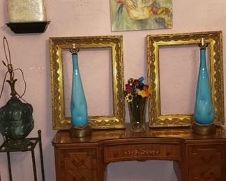 Vintage French desk,pair of great blue mcm lamps pair of antique frames, Portrait  and Fab pearlized lucite vintage purse