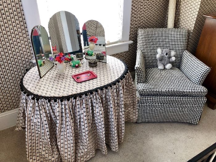 Houndstooth Pattern Chair, Antique Dressing Table