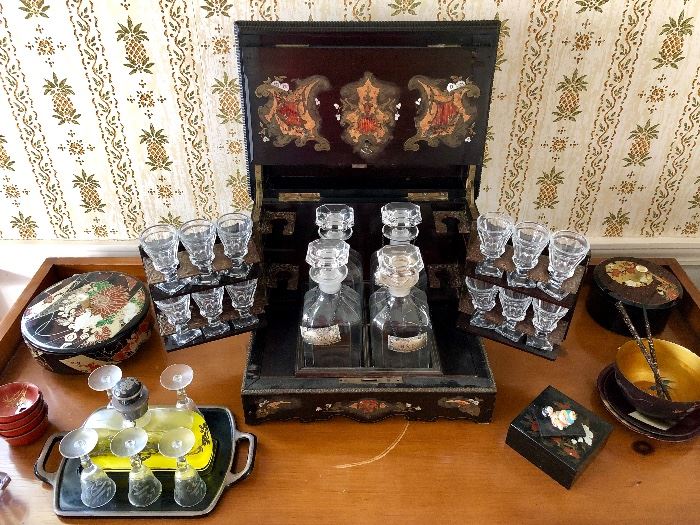 Antique Tantalus Decanter Box Asian Inspired Items & More