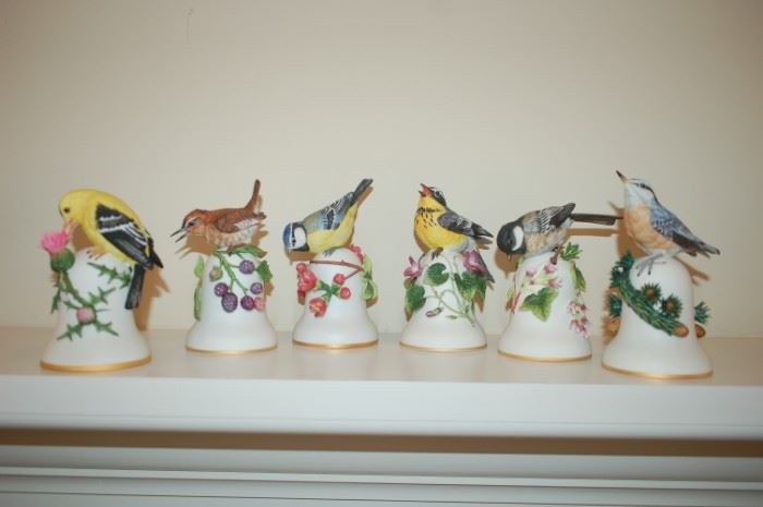 Peter Barrett ceramic bird bells; Goldfinch, Wren, Blue Jay, Magnolia Warbler, Black Capped Chickadee, Nuthatch