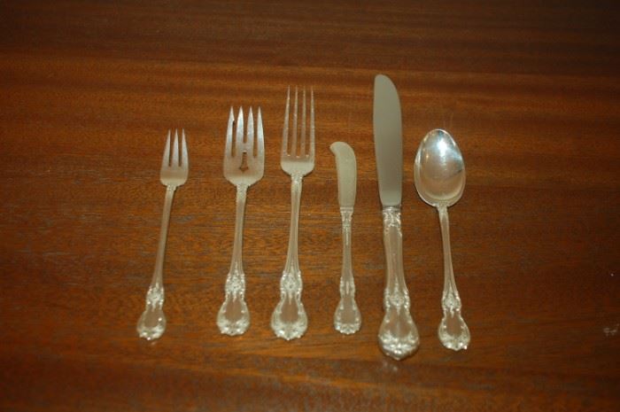 Towle Sterling "Old Master" - 3 serving spoons, 1 serving fork, 1 ladle, 12 tea, 23 spoons, 14 knives, 9 butter knives, 3 serving spatulas (small), 14 forks, 22 salad/dessert, 3 - 3 prong pickle, 1 - 2 prong pickle, 12 small spoons (sugar), 3 soup, 1 large round ended spoon, 2 serivng spoons