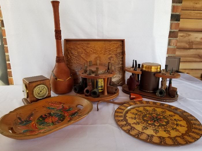 Vintage 2 antique pipes, barometer clock, wood carved and painted trays https://ctbids.com/#!/description/share/136912