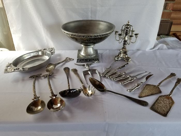 Collection of silver plated and silver tone Dining Dishes utensils and bowl https://ctbids.com/#!/description/share/136917