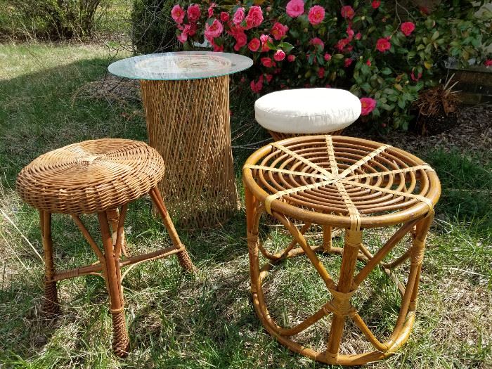 4 piece set of vintage rattan and bamboo small tables and stool https://ctbids.com/#!/description/share/136950