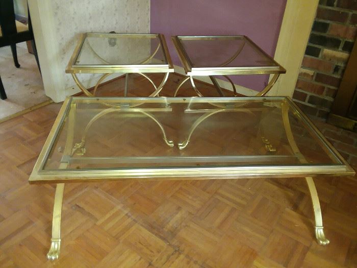 Matching Glass and metalic Gold Coffee table, side tables         https://ctbids.com/#!/description/share/136975