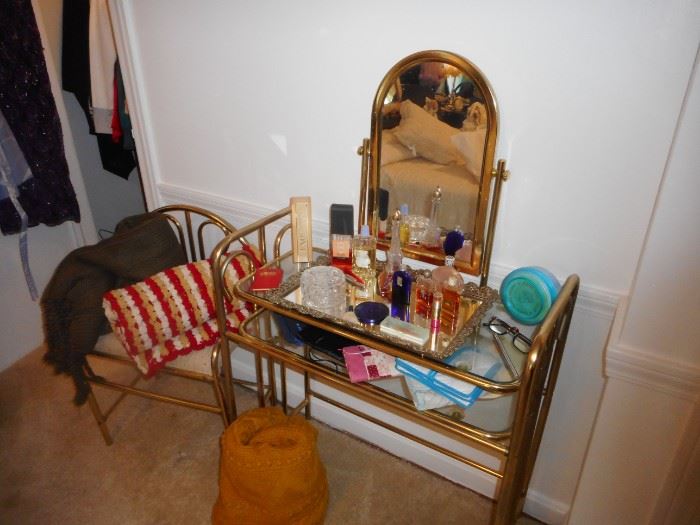 Vintage Brass Glass Vanity Mirror with Chair 